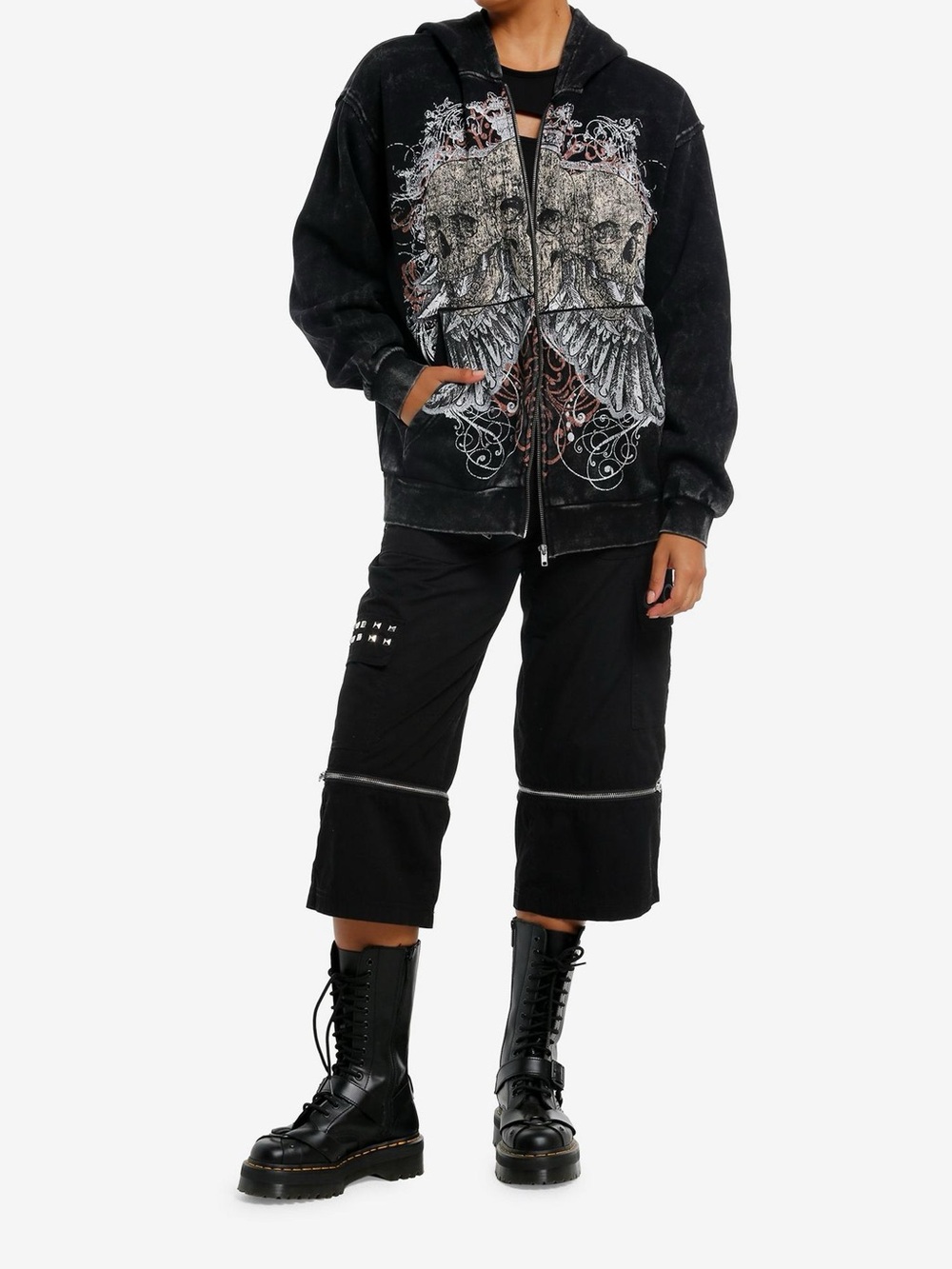 Hot Topic Black Distressed Zip-Up Hoodie with Skull & Wing Graphic NWOT
